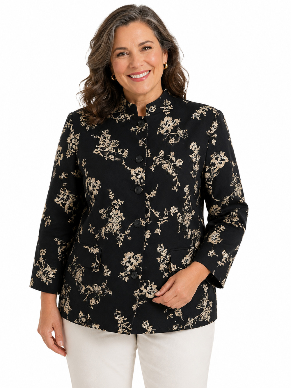 Charter Club 100% Silk Black Tan Floral Lined Suit Jacket Blazer Womens sz 20W